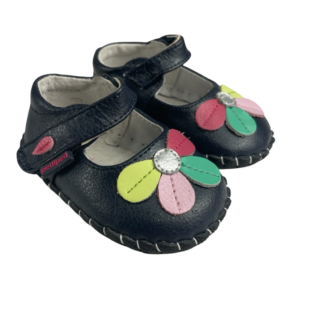 Pediped Infant Navy with Flower Leather Mary Jane Shoes Size 0-6M / US 2.5-3.5